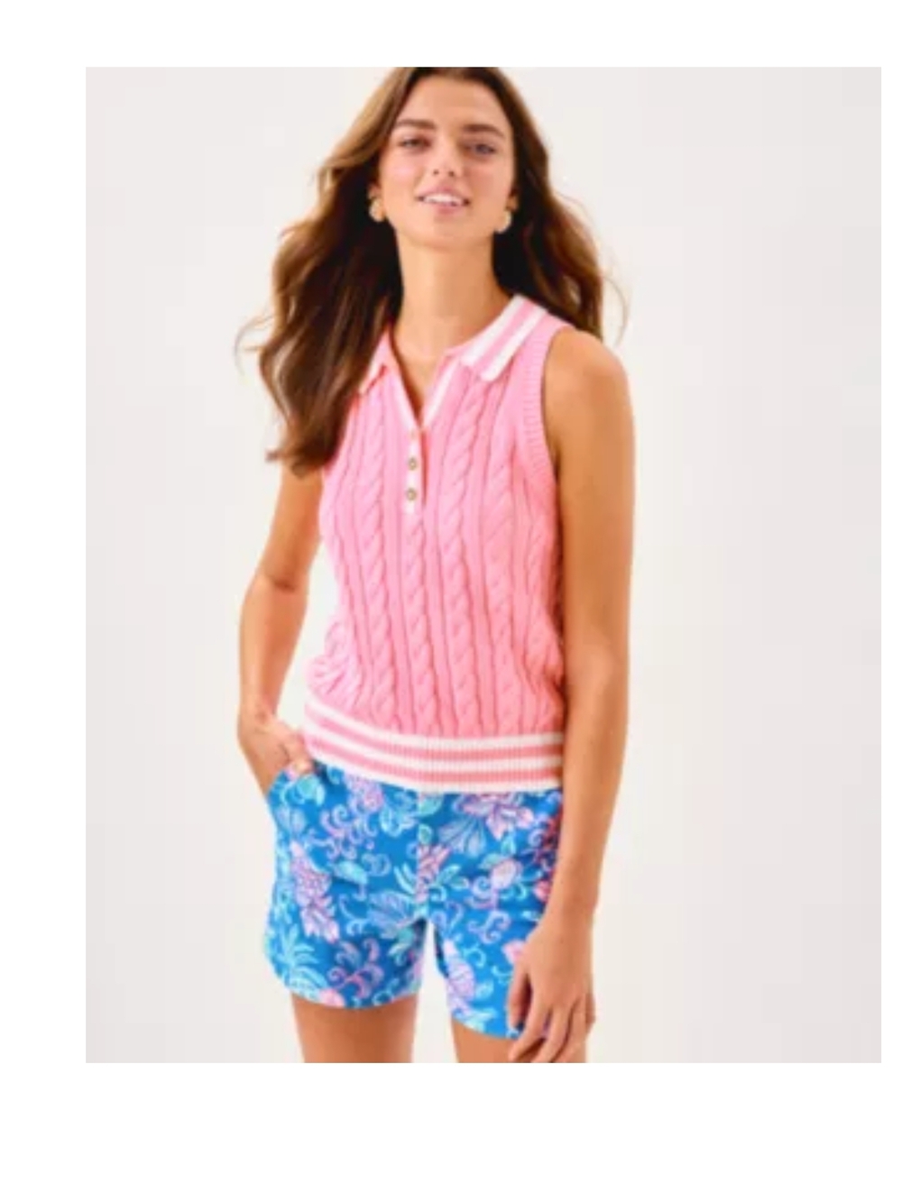 Lilly Pulitzer Pink Cable Knit Sweater Vest – Gold Buttons & Stripes – Size L